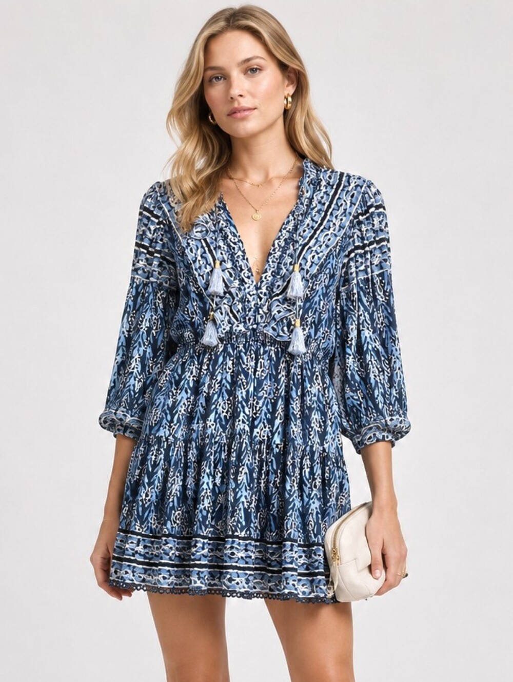 Bell By Alicia Bell Babydoll Blue White Puff Sleeve Mini Dress